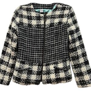 Desigual L Boucle Tweed Check Jacket w/‎ Printed Satin Lining Zip Front Med